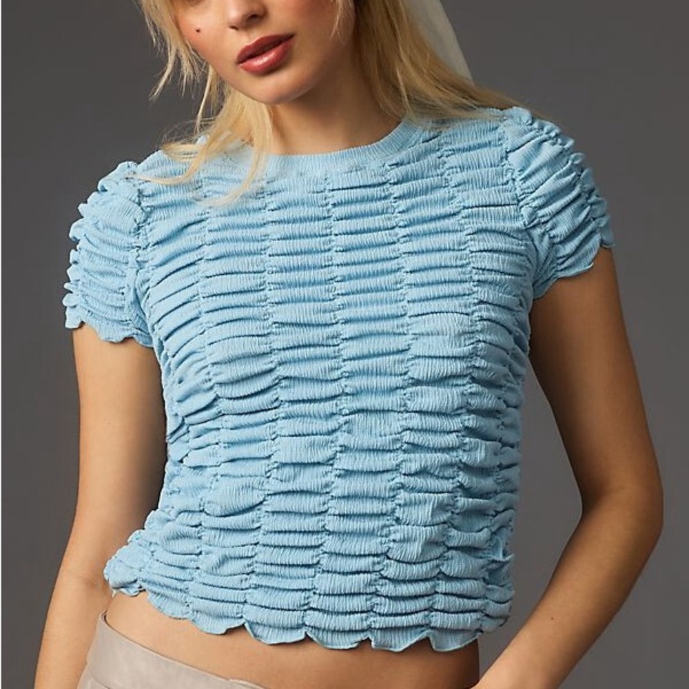 Y2K Anthropologie Light Blue Ruched smocked Short Sleeve cropped Top